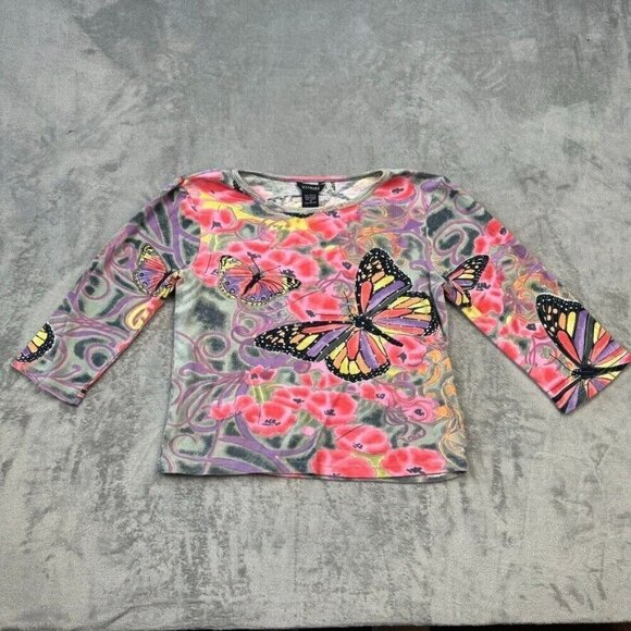 Raakhee Womens Shirt Medium Colorful 3/4 Sleeve Butterfly Rhinstone Y2K Rare - Picture 1 of 7